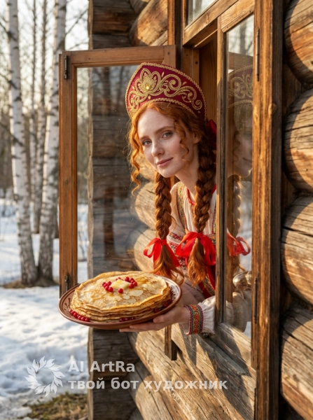 Русская краса с блинами в руках