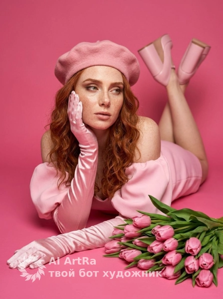 Розовая фантазия: девушка в берете и перчатках на ярком фоне
