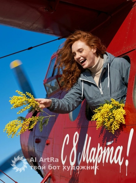 8 марта в небе: женщина выпускает мимозу из красного самолёта