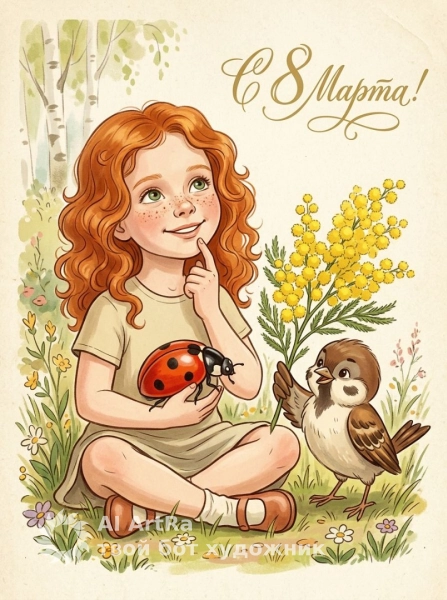 Весенний подарок: ребёнок с божьей коровкой и веткой мимозы