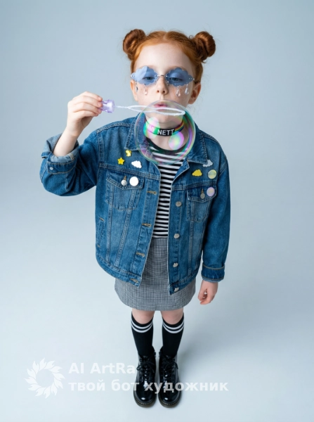 Игра в пузыри: модный портрет в джинсовой куртке