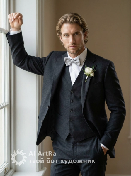 Мужчина у высокого окна в бежевой комнате