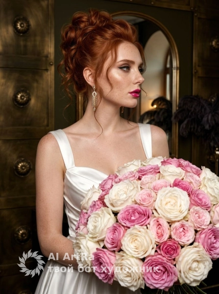 Роскошный портрет с огромным букетом пионовых роз