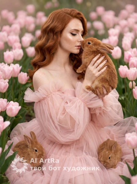 Весенняя сказка - портрет с кроликами и цветами