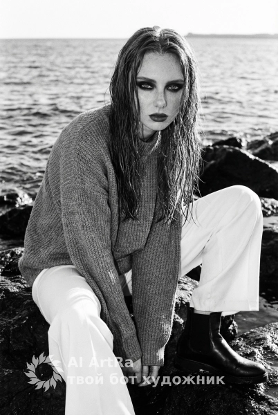 Кинематографичный чёрно-белый портрет у моря