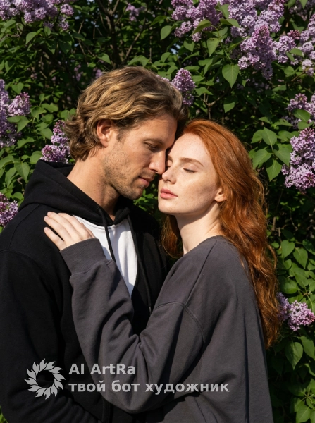 Нежный портрет пары среди цветущей сирени
