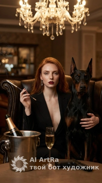 Нуарный женский портрет с доберманом в элитном клубе