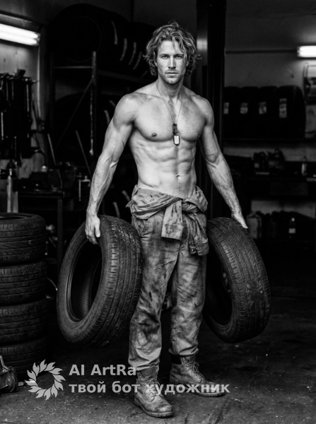 Индустриальный мужской портрет с автомобильными шинами
