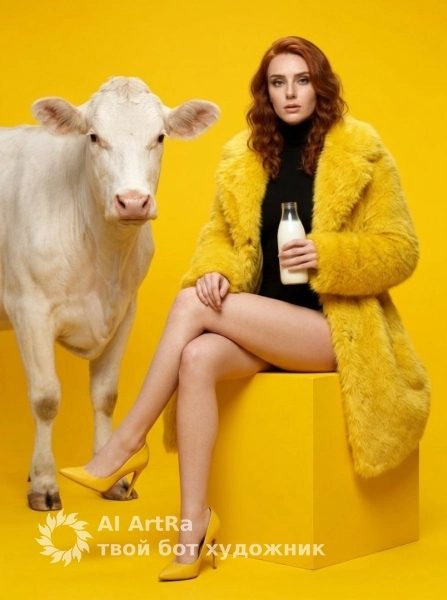 Сюрреалистичная fashion-съёмка с коровой на жёлтом фоне