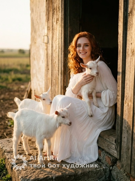 Нежный портрет с козлятами в лучах заката