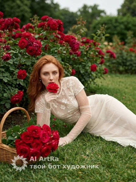 Нежный портрет с красной розой в траве