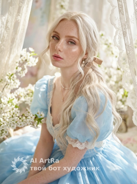 Нежный портрет в голубом платье с винтажной эстетикой