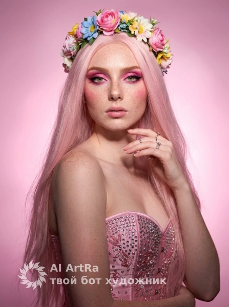Розовый гламурный портрет с цветочным венком