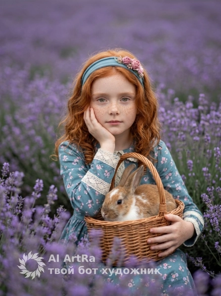 Нежный портрет в лавандовом поле с кроликом