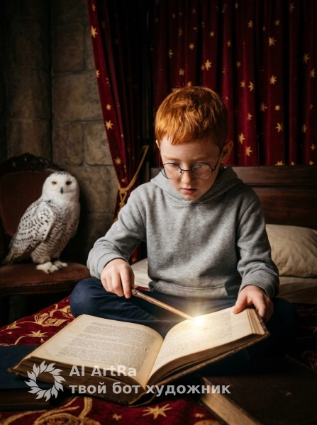 Магический портрет с книгой и светящейся палочкой
