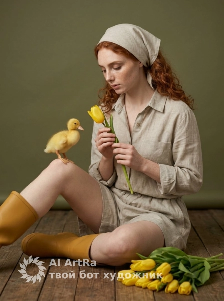 Весенняя фотосессия с утёнком и тюльпанами