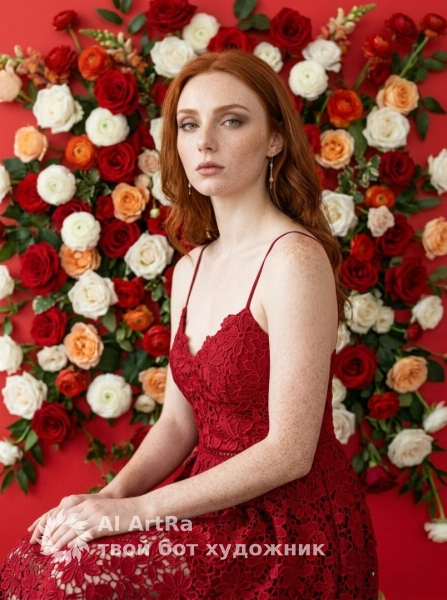 Портрет на фоне красной стены с цветами