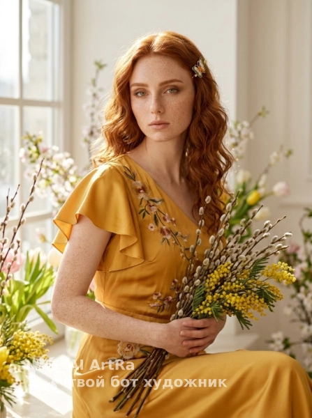 Портрет в жёлтом шелковом платье с весенними цветами