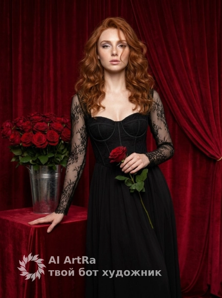 Портрет с розой на фоне бархатных драпировок