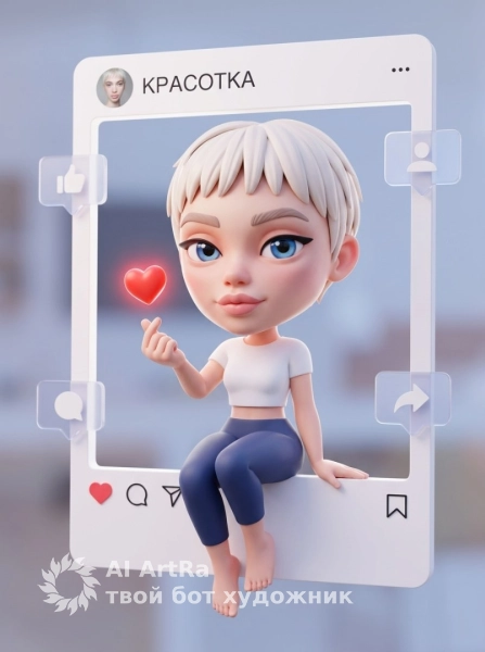 Портрет в стиле чиби в рамке соцсети с сердечком