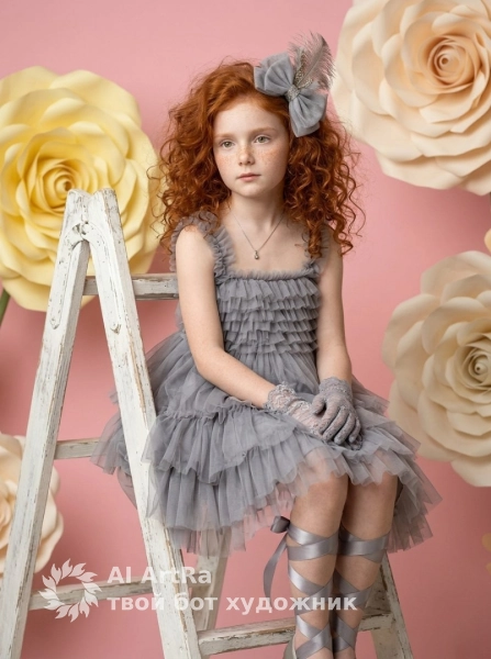 Портрет девочки на лестнице, студийная съёмка с цветами