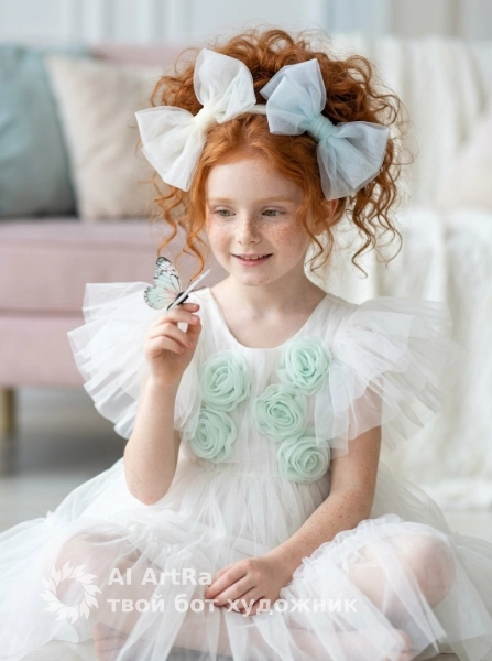 Крупный портрет девочки с бабочкой, сказочная студийная съёмка