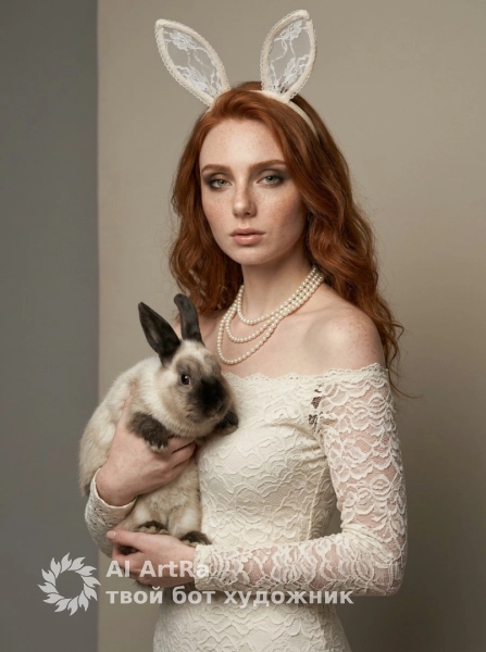 Портрет в кружевном платье с кроличьими ушами и кроликом