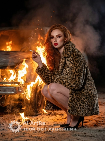 Портрет у горящего автомобиля, драматичная ночная съёмка