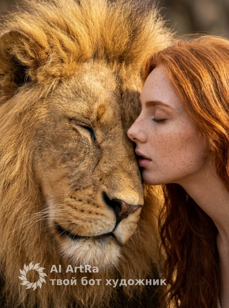 Крупный портрет со львом, тёплый свет и интимная сцена