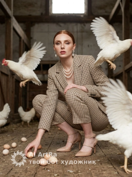 Портрет в сарае с курами, fashion съёмка с движением