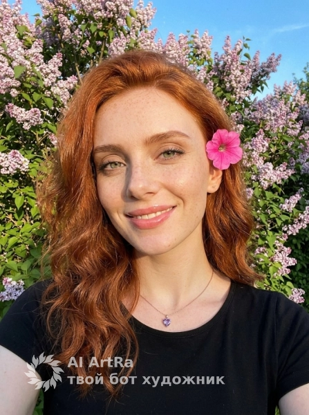 Крупный портрет селфи с цветком, тёплый свет и сирень