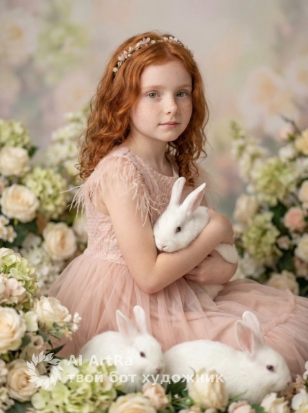 Портрет девочки с кроликом, нежная съёмка с цветами