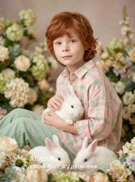 Портрет мальчика с кроликом, нежная съёмка с цветами