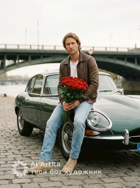 Портрет с розами на ретро-автомобиле, романтичная съёмка