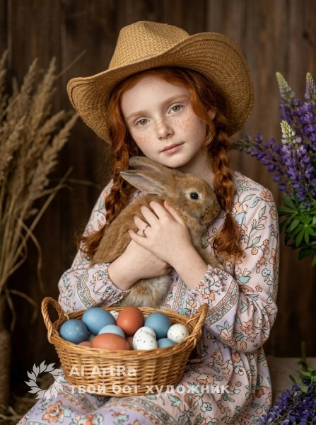 Портрет девочки с кроликом и корзиной пасхальных яиц