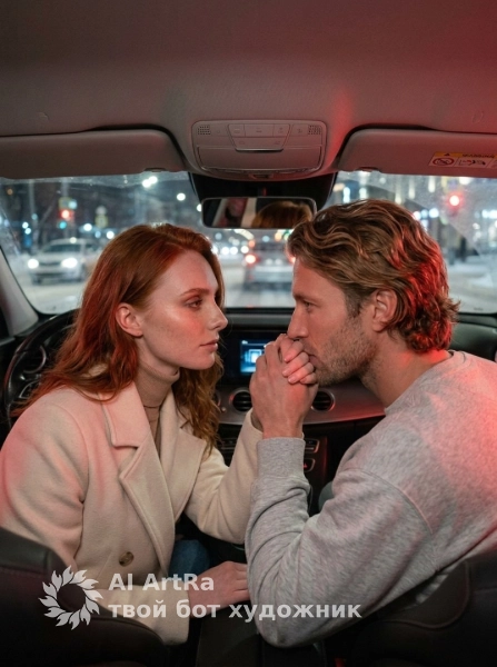 Портрет пары в машине ночью романтичная сцена