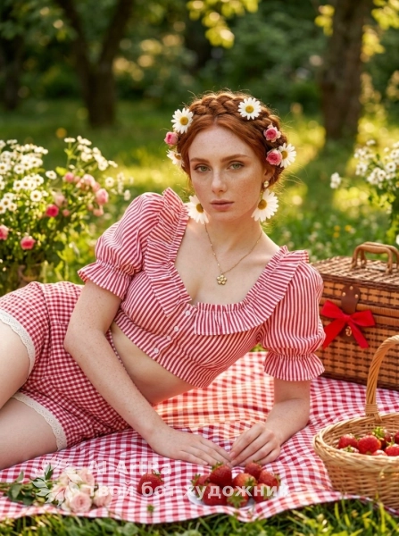 Портрет на пикнике с клубникой весенняя романтичная сцена