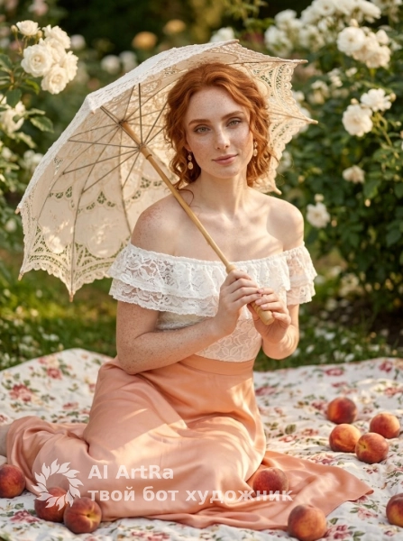 Портрет на пледе с персиками и зонтиком винтажный стиль