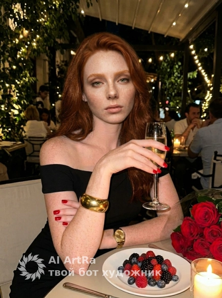 Роскошный вечерний портрет в ресторане с шампанским и ягодами