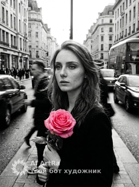 Женский портрет в движении города, роза как главный акцент