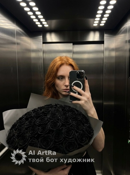 Зеркальное селфи в лифте с черными розами