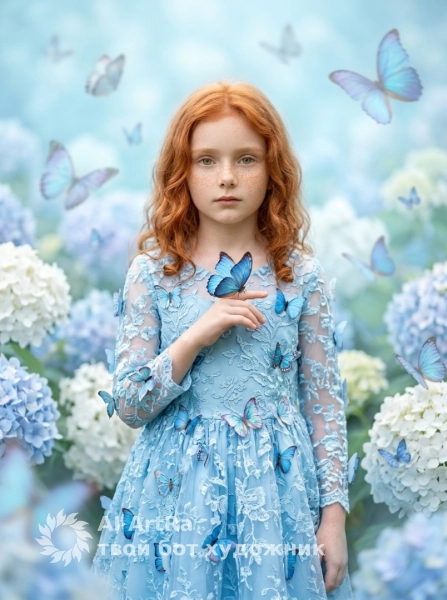 Сказочный портрет девочки с бабочками и цветами