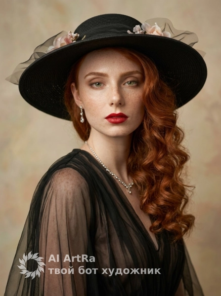 Винтажный фэшн-портрет в черной шляпе, элегантный стиль