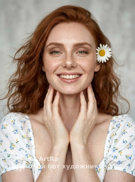Нежный портрет в студии с ромашкой