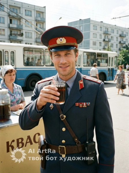 Ретро фотосессия в стиле СССР, портрет милиционера с квасом