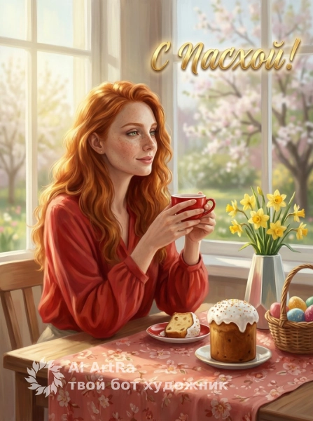 Иллюстрация к Пасхе, уютный дом, кулич и цветы