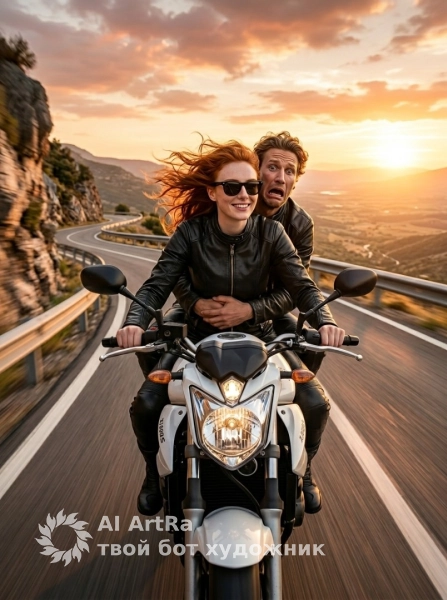Фотосессия пары на мотоцикле, скорость и закат в горах