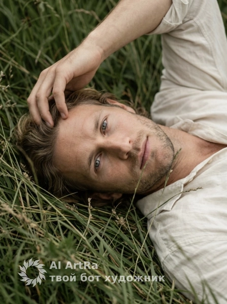 Портрет мужчины в траве, атмосферная фотосессия на природе