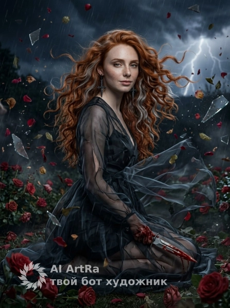Арт фотосессия богини в темном саду с лепестками и молниями