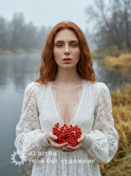 Готический портрет женщины у реки с рябиной